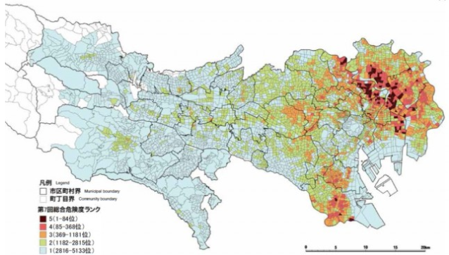 東京周辺の地震に対する相対的な脆弱度を示す地図（東京都の調査資料に基づく）